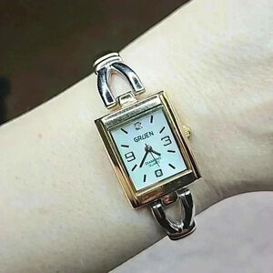 Gruen Gold & Silver Tone Bracelet, Square Watch, Mother of Pearl & Diamond Face